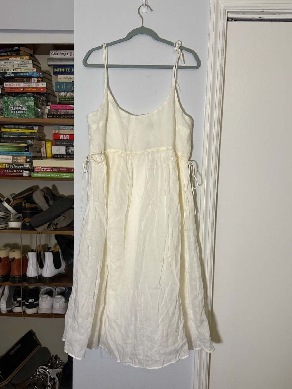 J.Crew Scoopneck Midi Dress Size 14 Ivory Linen Tie Waist
